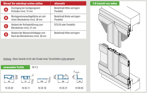 Doppelflügelige Drehtüre mit Montagerahmen, Profilansicht und Installationsdetails.