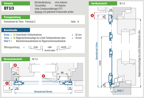 Drehtüre mit Bürstendichtung zum Fußboden DT3/3 technische Spezifikationen und Installationsdiagramme.