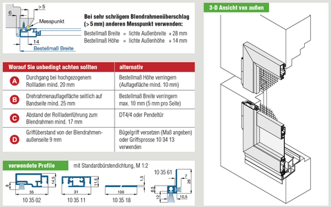 Drehtüre mit Bürstendichtung zum Fußboden DT3/3, Insektenschutz Drehtüre, 3-D Ansicht von außen, verwendete Profile.