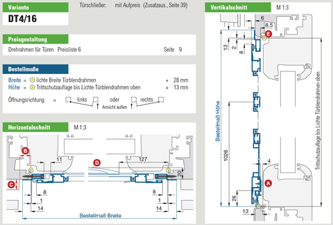 Drehtüre DT4/16 mit flachem Einbaurahmen und Bürstendichtung, Maße und Details.