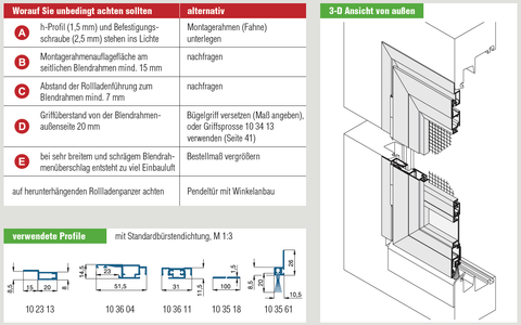3D-Schnittzeichnung der Insektenschutz-Drehtüre mit Profilansichten und Montagehinweisen.