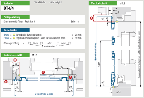 Drehtür DT4/4 Falzrahmenprofil mit Bürstendichtung, technische Zeichnung.
