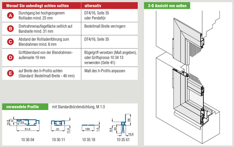 Drehtüre mit Falzrahmenprofil und Bürstendichtung, 3D Ansicht, technische Details.