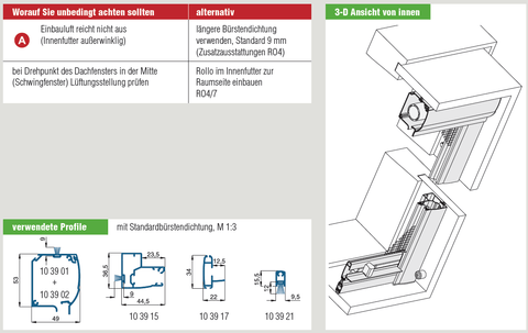 3D-Diagramm des Insektenschutzrollos RO4/3 für Dachflächenfenster mit Profilansicht und Einbauhinweisen.