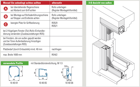 Insektenschutzrollo RO5/2 mit Abdichtung, 3D-Ansicht und Montagehinweise.