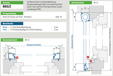 Insektenschutzrollo RO5/2 mit Abdichtung und Einhandbedienung, Maß- und Schnittzeichnungen.