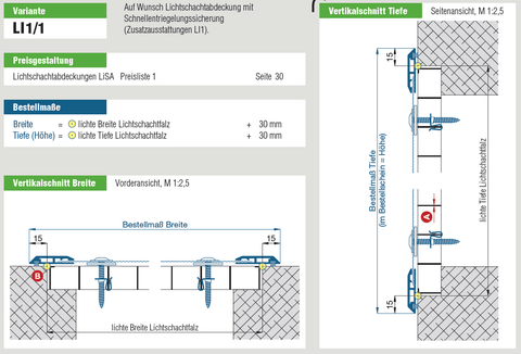 Diagram showing dimensions and installation details for Lichtschachtabdeckung LI1/1.