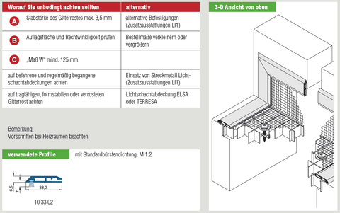 3D illustration of Lichtschachtabdeckung LI1/7 with detailed specifications and profile dimensions.
