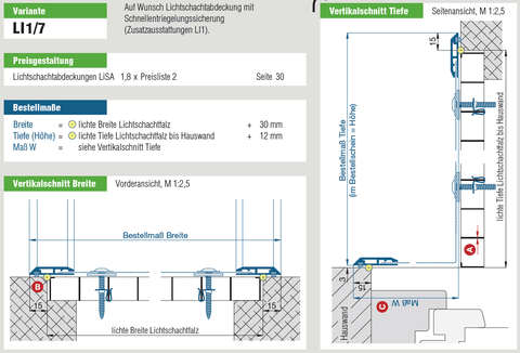 Lichtschachtabdeckung LI1/7 mit Aufkantung für überstehende Fenster ab 110 mm, Insektenschutzdiagramm.