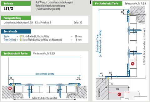 Lichtschachtabdeckung LI1/3 mit Winkel-Aufkantung für Fenster bis 110 mm, Insektenschutz.