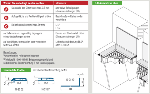 3D Ansicht der Lichtschachtabdeckung LI1/3 mit Winkel-Aufkantung für Fenster bis 110 mm