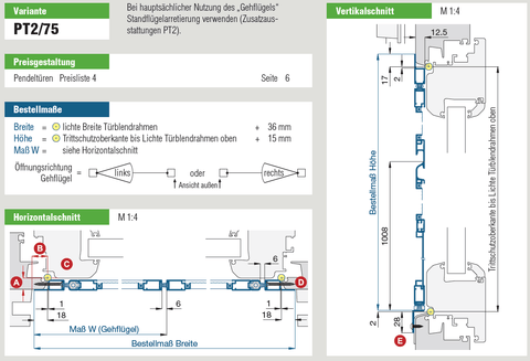 Pendeltüre doppelflügelig mit flachem Montagerahmen, technische Zeichnung, Insektenschutz.