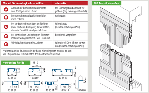 Pendeltüre doppelflügelig mit flachem Montagerahmen und Insektenschutz, technische Details und 3D-Ansicht.