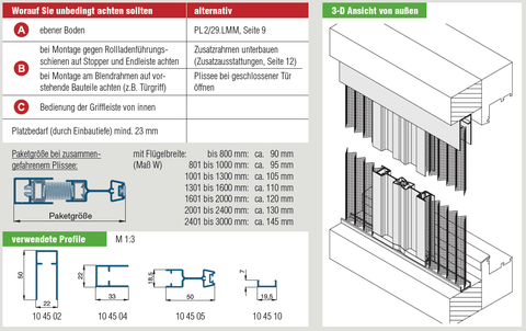 Diagram and specifications for Plissee PL225 doppelflügelig with flat rail, featured for insect protection and interior mounting.