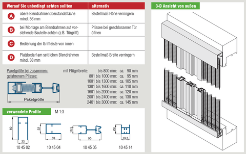 Installation guide for Plissee PL2/29 insect screen with frame diagram and profile dimensions.