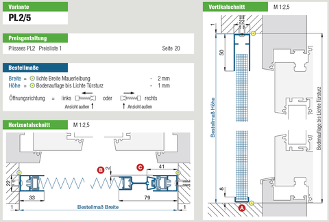 Diagram of Plissee PL2/5 with flat bottom rail for inset mounting, featuring horizontal and vertical cross-section measurements.