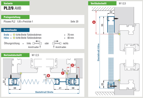 Diagram of Plissee Montage PL2/9 AMB for insect protection showing measurements and mounting details on door frame.