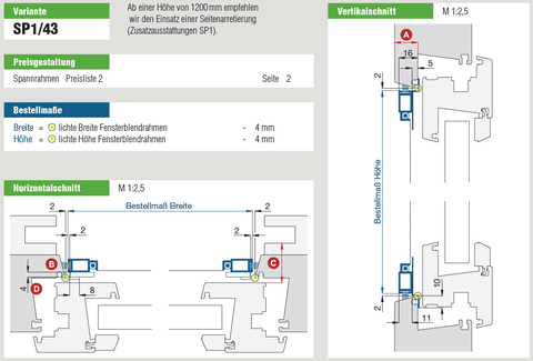 Diagram of Spannrahmen SP1/43 for window frame installation.