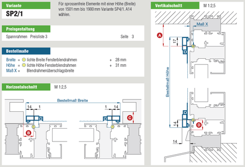 Spannrahmen SP2/1 für Kunststofffenster mit gefederten Einhängewinkeln, technische Zeichnung und Maße.