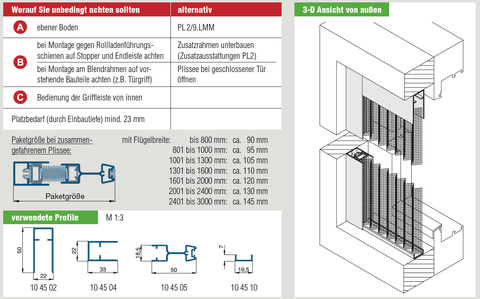Diagram of Plissee PL2/5 insect screen with flat bottom rail, installation guide, and profile dimensions.